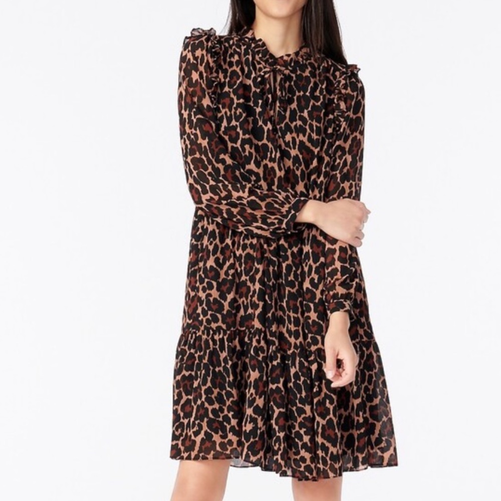 J. Crew Tie-neck tiered dress in leopard crinkle chiffon